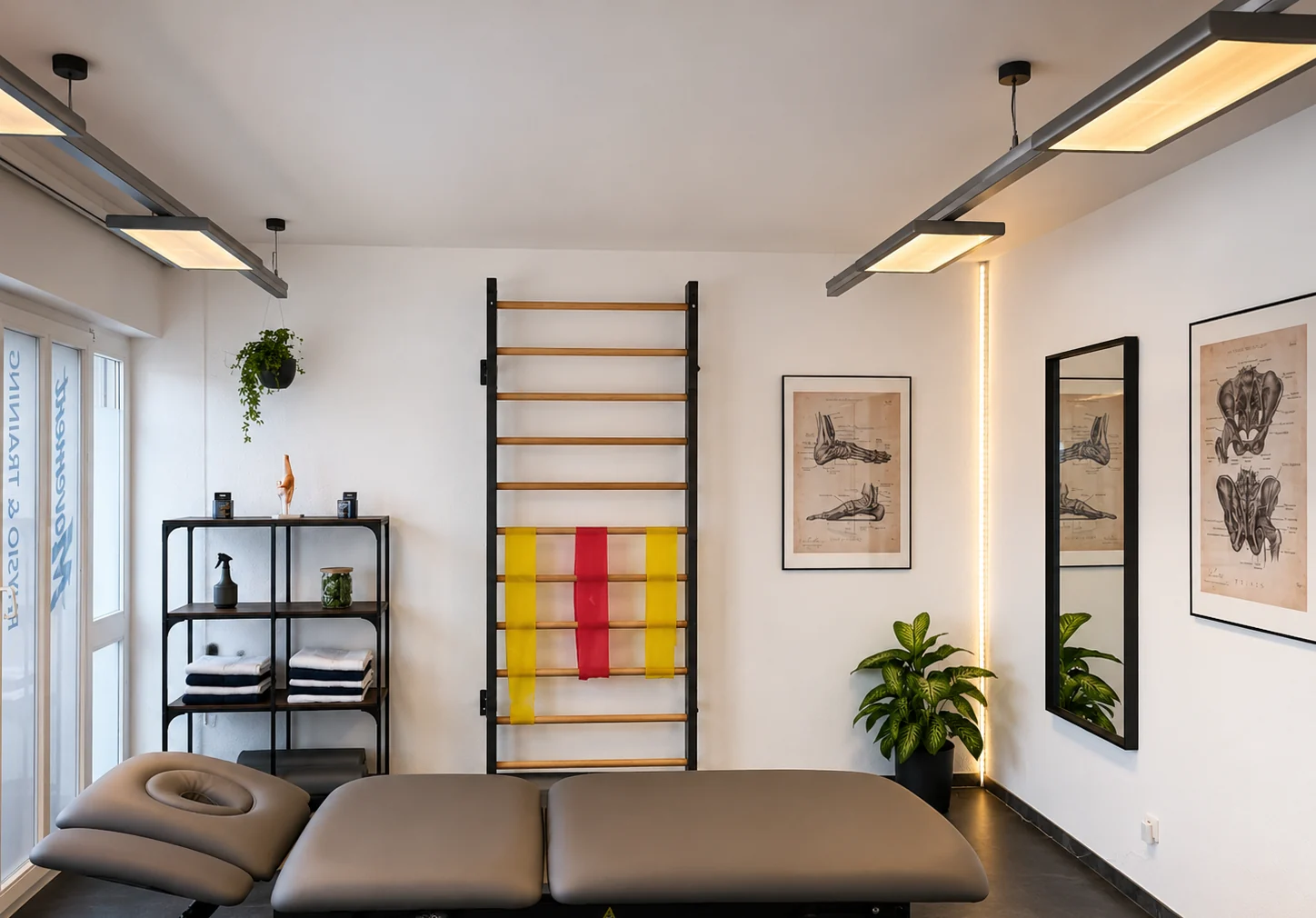 Heller Behandlungsraum mit Therapieliege, Sprossenwand und Trainingsbändern bei Movement Physio